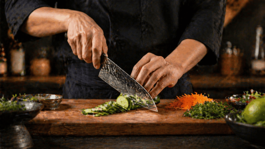 un cuisinier utulisant son couteau japonais artisanal