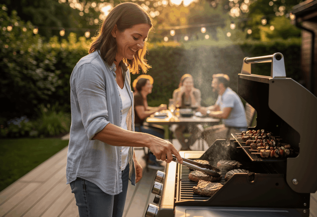 une femme utulisant sa grill viande