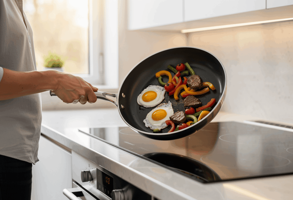 une personne cuisinant dans sa poêle anti-adhésive